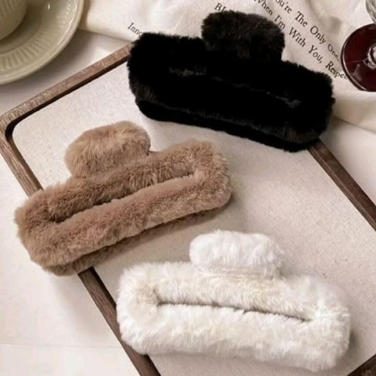 Furry Faux Fur Hair Claw Clips for Women & Girls – Pack of 3