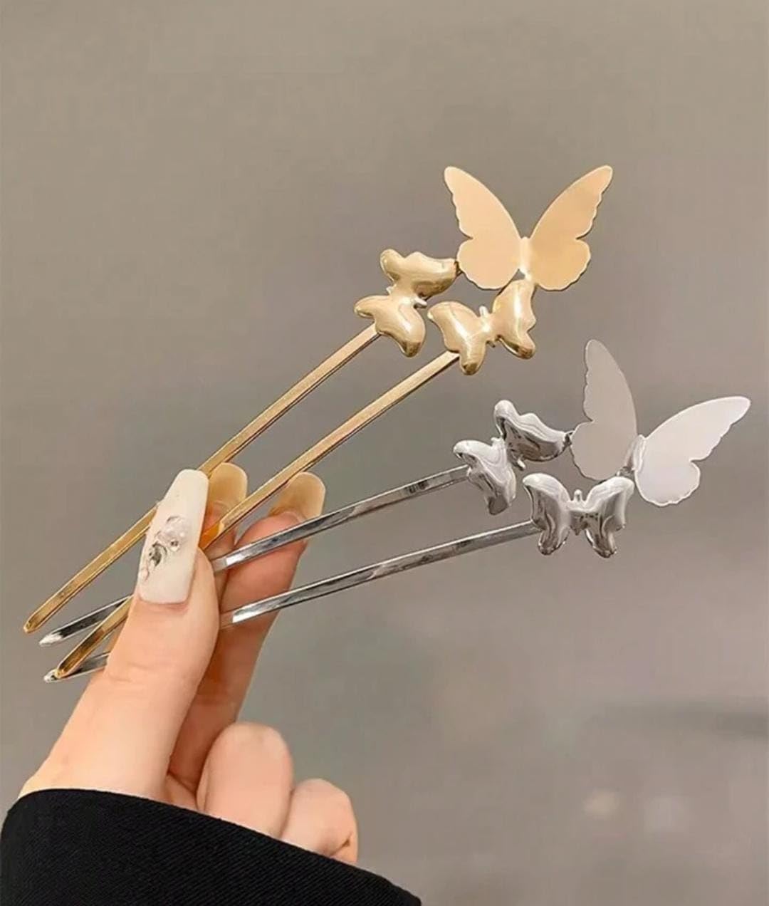 2pcs Golden and Silver Butterfly Metal Juda Bun Stick 