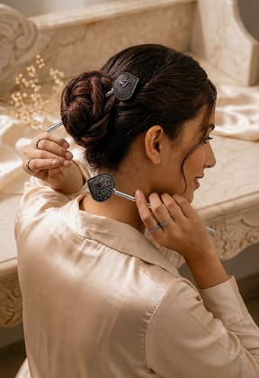 Blubby Oxidized Silver Floral Juda Stick for Women