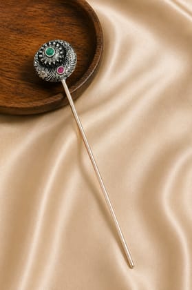 Handcrafted Oxidised Silver Juda Stick for Women | Floral Hair Bun Pin