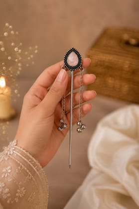 Blubby Oxidised Silver Floral Juda Stick for Women