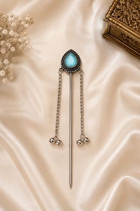 Handmade Oxidised Silver Tone Metal Juda Stick Hair Pin with Turquoise Blue Stone