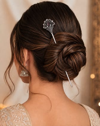 Handmade Oxidised Silver Elegant Floral Metal Juda Stick for Women