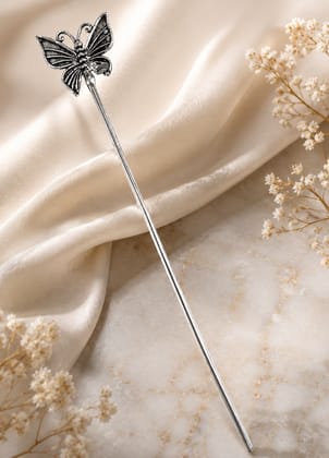 Handmade Oxidised Silver Elegant Silver Butterfly Metal Juda Stick for Women | Elegant Hair Bun Pin