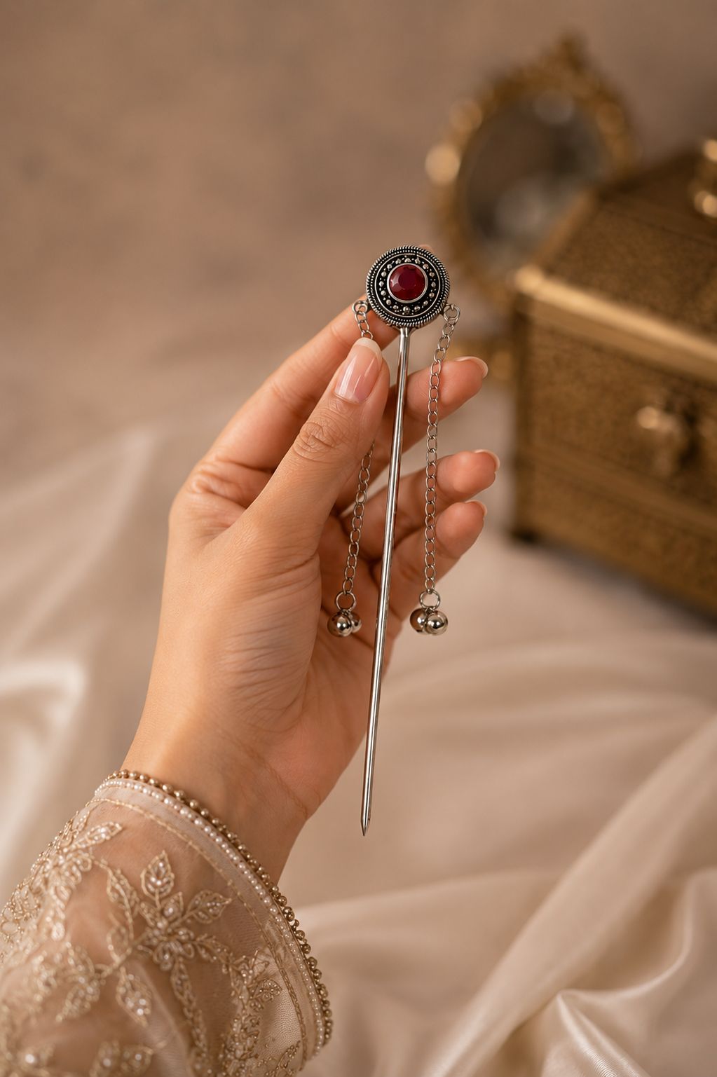 Handmade Oxidised Silver Elegant Silver Juda Stick with Maroon Stone & Pearl Tassel