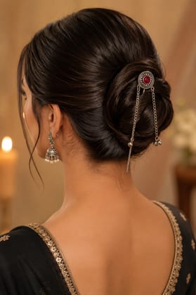 Handmade Oxidised Silver Elegant Silver Juda Stick with Maroon Stone & Pearl Tassel