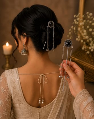 Handmade Oxidised Silver Elegant Silver Metal Hair Bun Pin with Double Loop Design