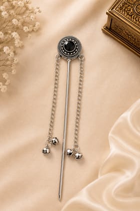 Traditional Oxidised Silver Juda Stick with Black Stone & Dual Chain Tassel Hair Pin for Women