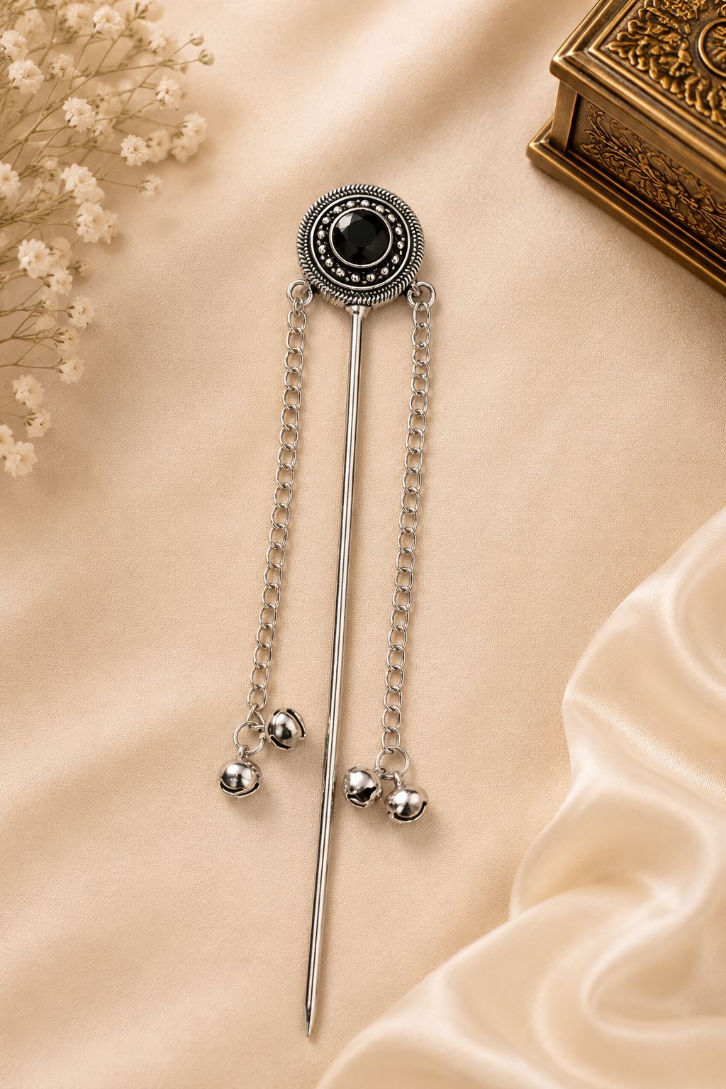 Traditional Oxidised Silver Juda Stick with Black Stone & Dual Chain Tassel Hair Pin for Women