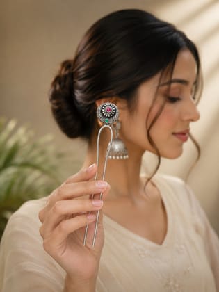 Blubby Oxidised Silver Floral Juda Stick Hair Pin for Women | Traditional Bun Stick Hair Accessory
