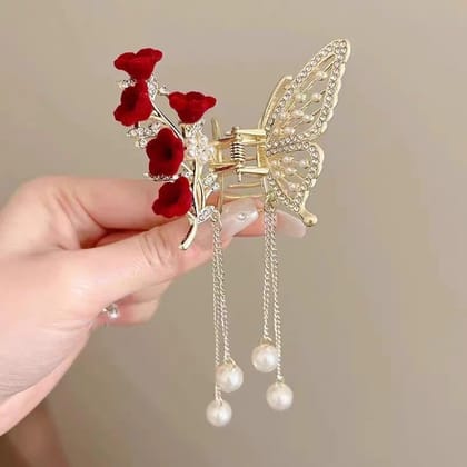 Set of 2 Premium Butterfly & Floral Pearl Hair Claw Clips