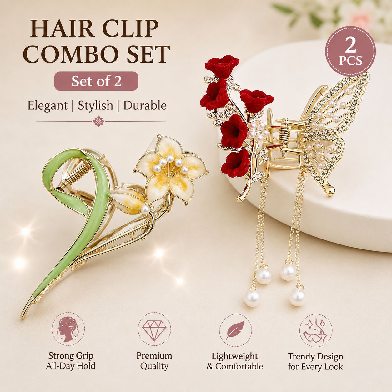 2 Pcs Floral Metal Hair Clip Combo Set