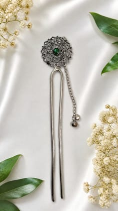 Blubby Elegant Oxidised Silver Juda Stick for Women Floral Hair Bun Pin