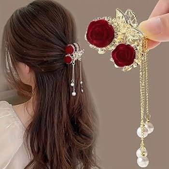 Blubby Red Rose Metal Hair Claw Clip for Women