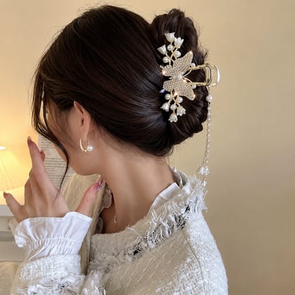 Elegant Pearl Floral Metal Hair Claw Clip 