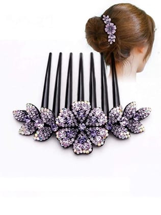 Purple Floral Metal Hair Comb Clip