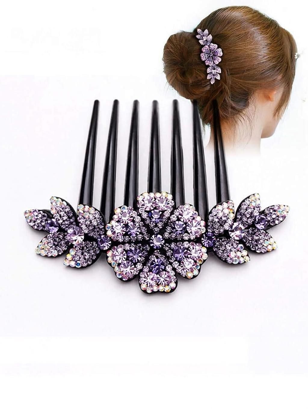 Purple Floral Metal Hair Comb Clip