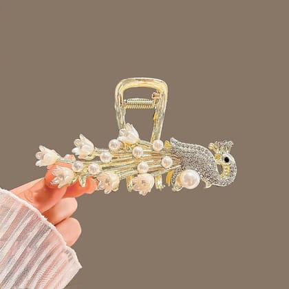 Elegant Peacock Pearl Floral Metal Hair Claw
