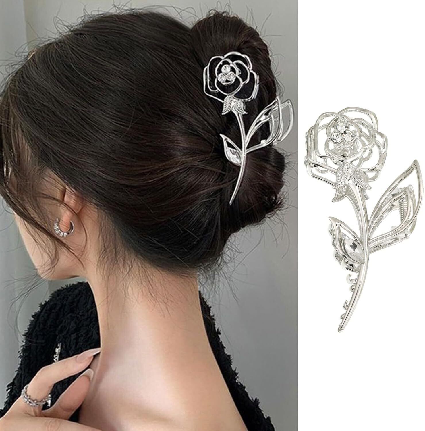 Elegant Silver Rose Flower Hair Claw