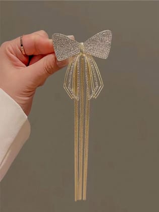 Sparkling Bow Hair Claw Clip with Tassel Chain