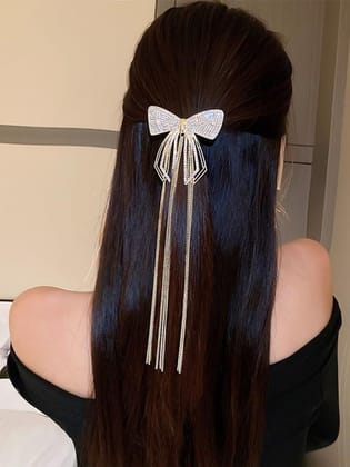Sparkling Bow Hair Claw Clip with Tassel Chain