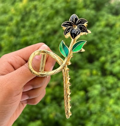 Elegant Gold Black Lily Floral Metal Hair Claw