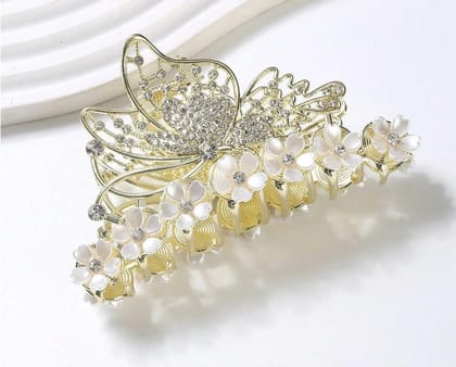 Luxury Gold Butterfly & White Flower Hair Claw