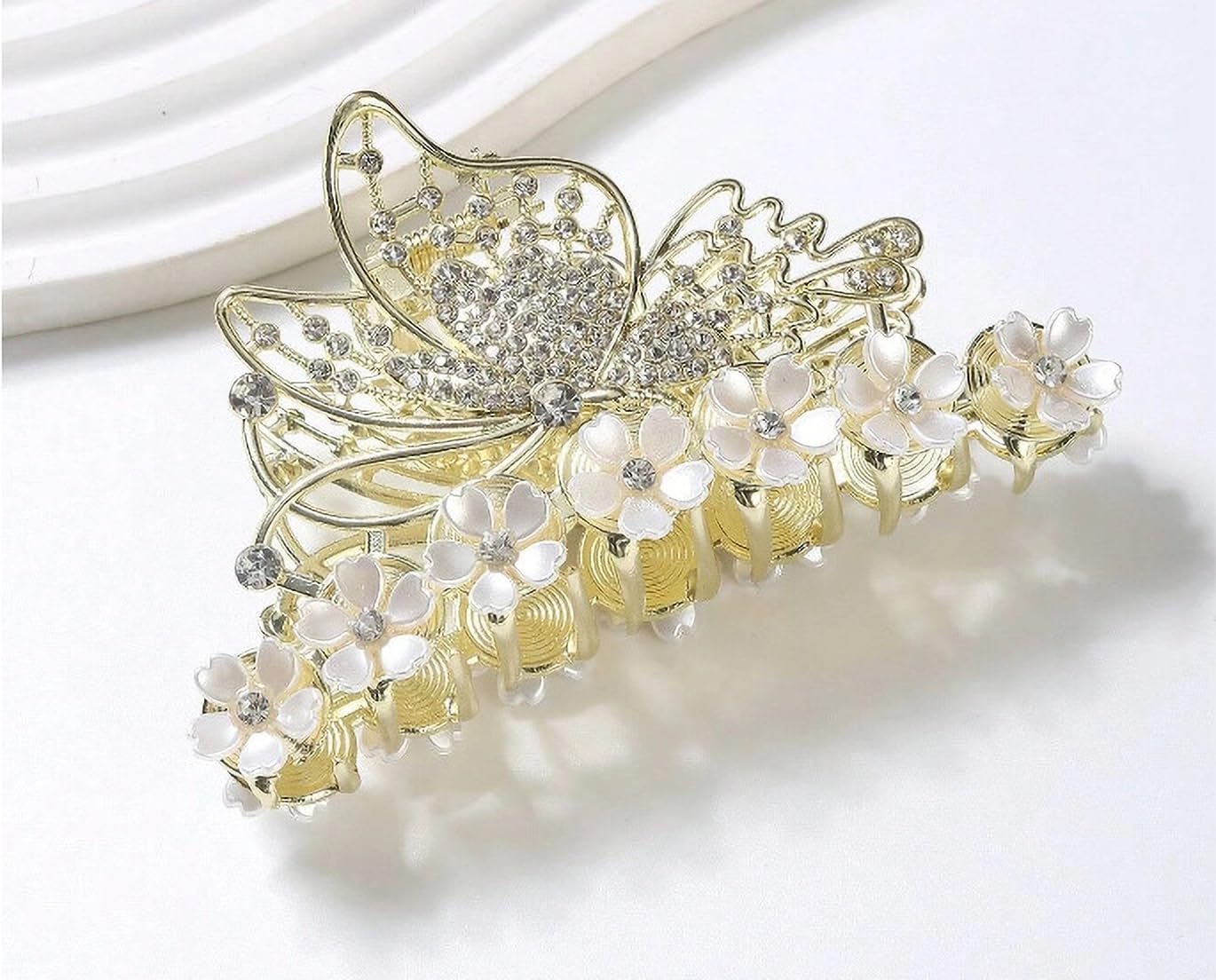 Luxury Gold Butterfly & White Flower Hair Claw
