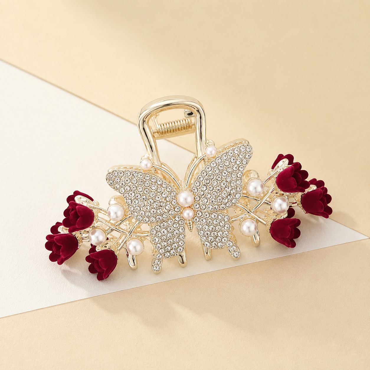 Luxury Butterfly Hair Claw Clip with Crystal Rhinestones, Pearls & Red Rose Design