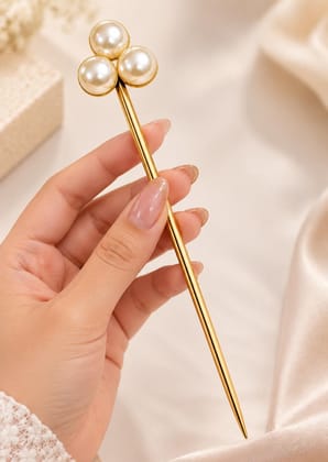 Elegant Golden Hair Stick with Pearl & Floral Design Elegant Golden Hair Stick with Pearl & Floral Design