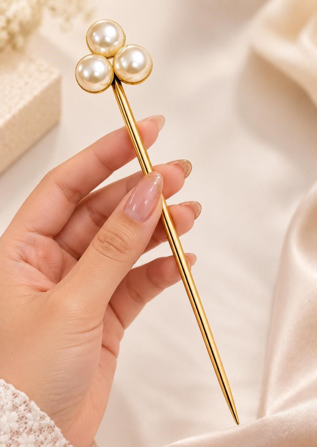 Elegant Golden Hair Stick with Pearl & Floral Design