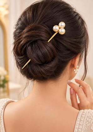 Elegant Golden Hair Stick with Pearl & Floral Design Elegant Golden Hair Stick with Pearl & Floral Design
