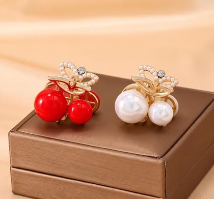 Women Pearl Red Cherry &  White Bow Design Hair Clutcher Set