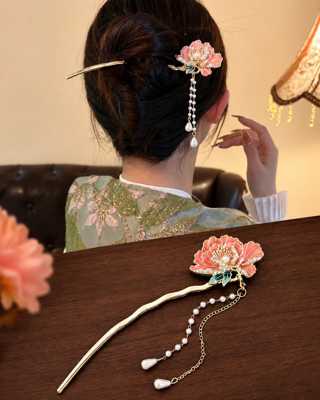  Flower Hair Stick with Pearl Tassel Chain