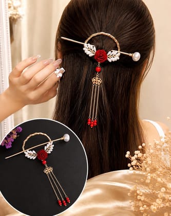  Women’s Red Rose Pearl Juda Stick with Hanging Beads