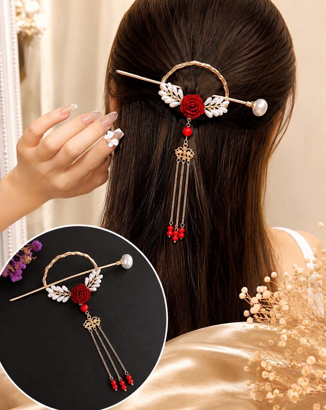 Women’s Red Rose Pearl Juda Stick with Hanging Beads