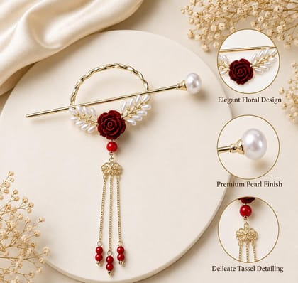 Women’s Red Rose Pearl Juda Stick with Hanging Beads
