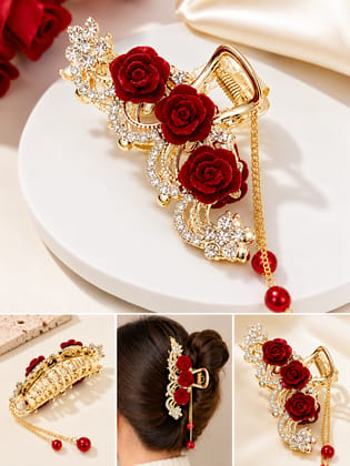 Elegant Red Rose Crystal Hair Claw Clip for Women Elegant Red Rose Crystal Hair Claw Clip for Women