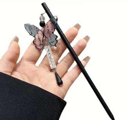  Black Butterfly Tassel Wooden Hair Juda Bun Stick