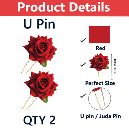 2pcs Stylish Red Rose Artificial Flowers Bun Juda U Pins For Women