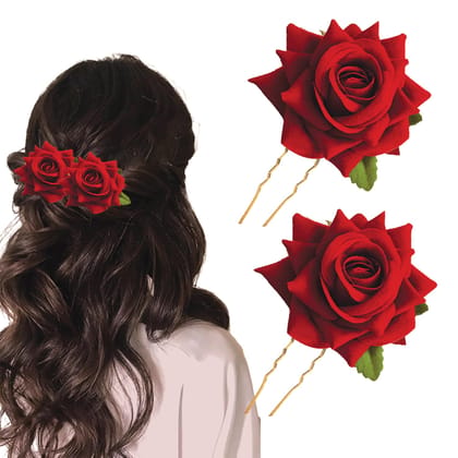 2pcs Stylish Red Rose Artificial Flowers Bun Juda U Pins For Women
