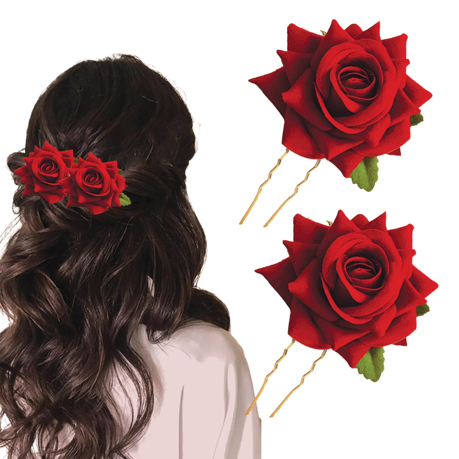 2pcs Stylish Red Rose Artificial Flowers Bun Juda U Pins For Women